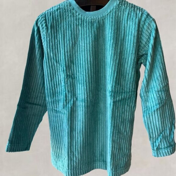Denim & Co. Sweatshirt Crew Neckline Wide Wale Ribbed Trim Woven Chenille Teal S - Picture 2 of 9
